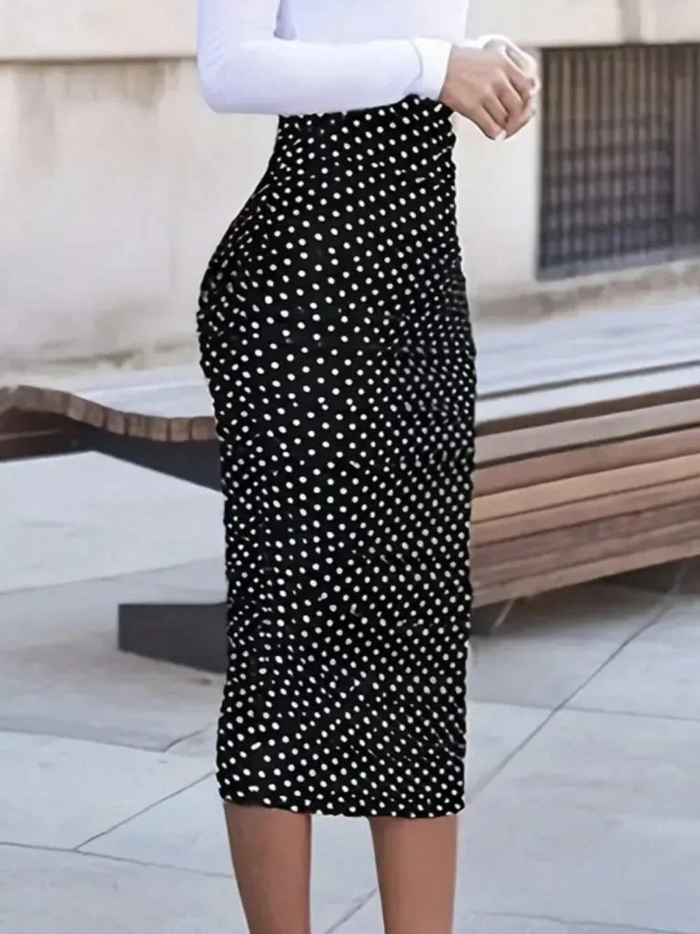 Multicolor Elegant Women's Polka Dot Print Pleated High Waist Pencil Skirt